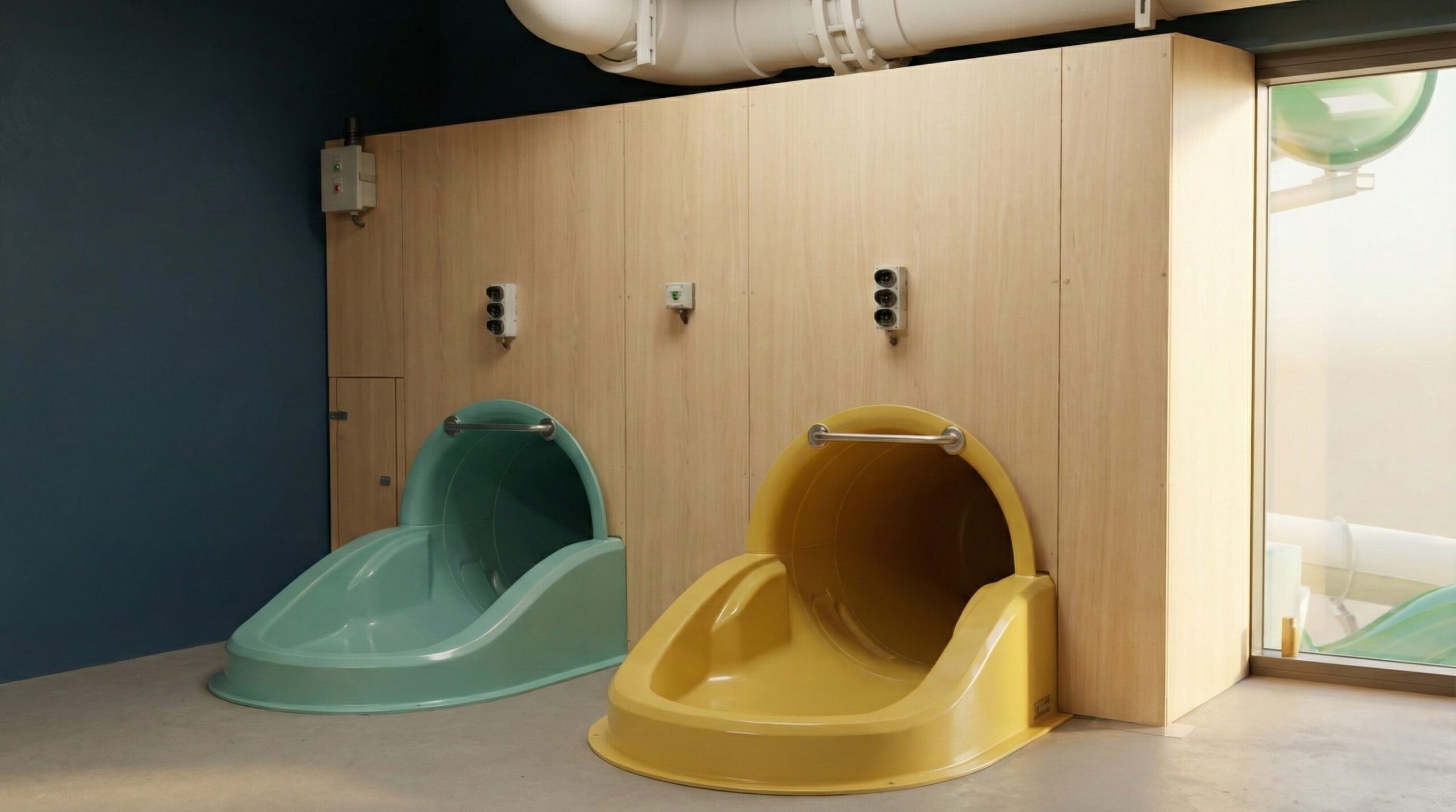 Habillage sur mesure en stratifié compact pour toboggan, vue d’ensemble